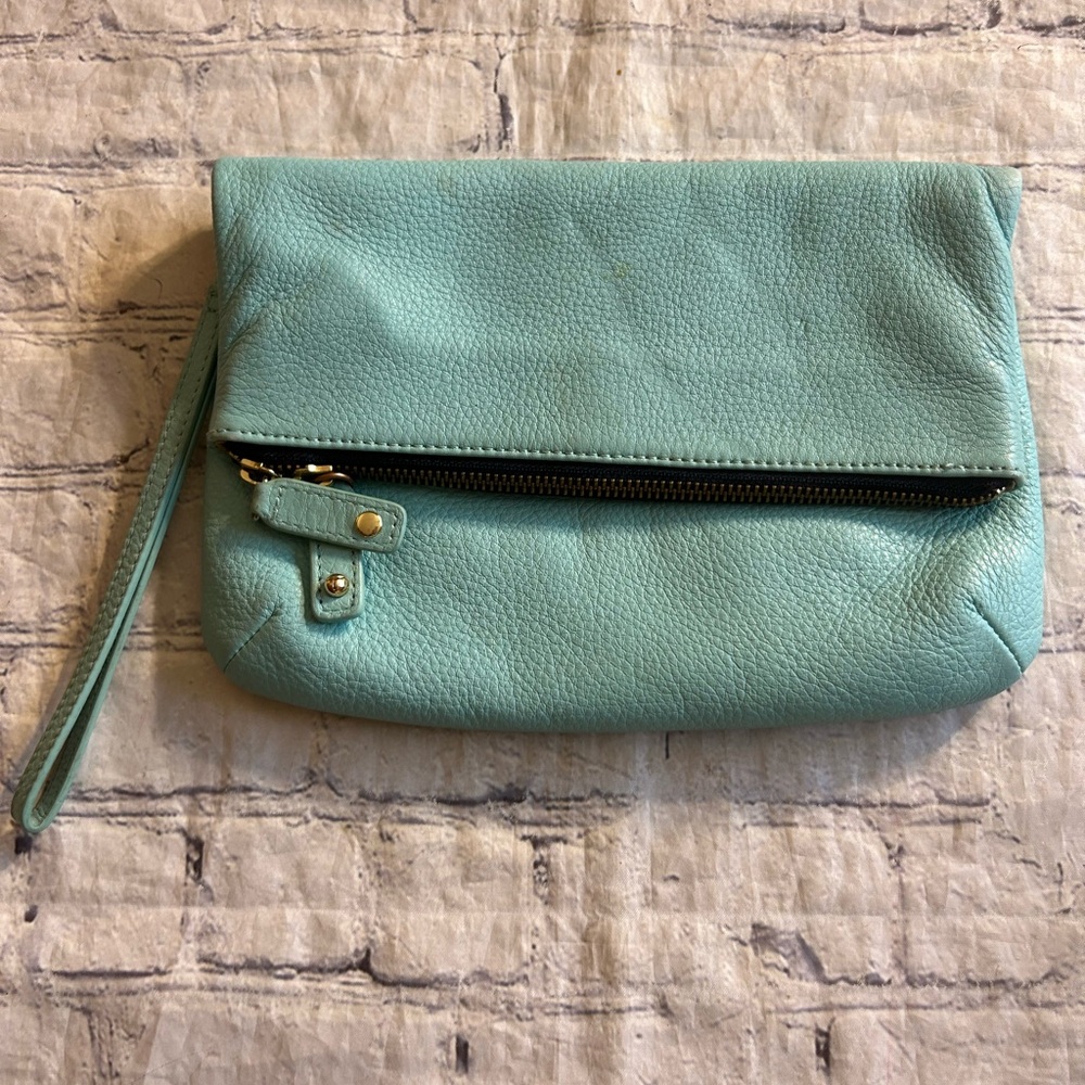 TALBOTS LEATHER FOLD OVER CLUTCH PURSE TIFFANY BLUE GOLD TONE HARDWARE